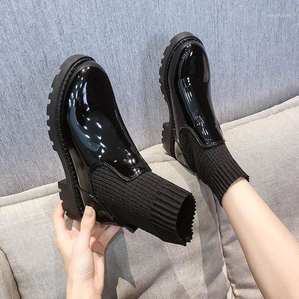 

boots british stretch sock women chunky heels riding matte&japanned leather shoes slip on knitted thread botas1, Black