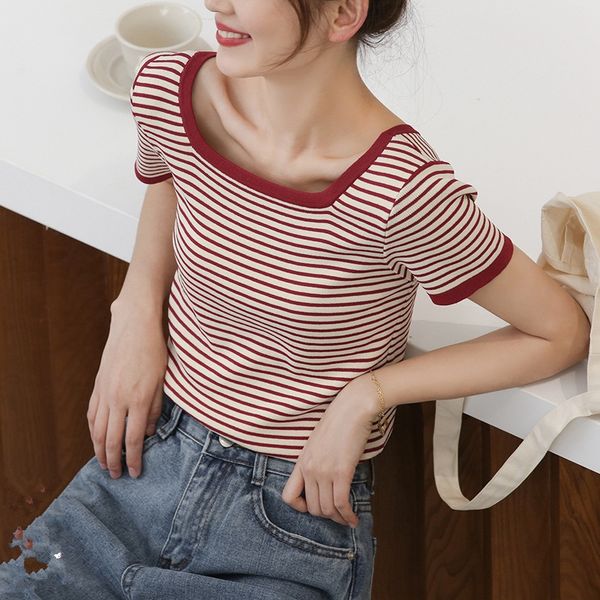 

2020 summer striped t- knitwear t- knitted women's ice silk knitwear base shirt square collar short sleeve inner short shirt yuy71, White