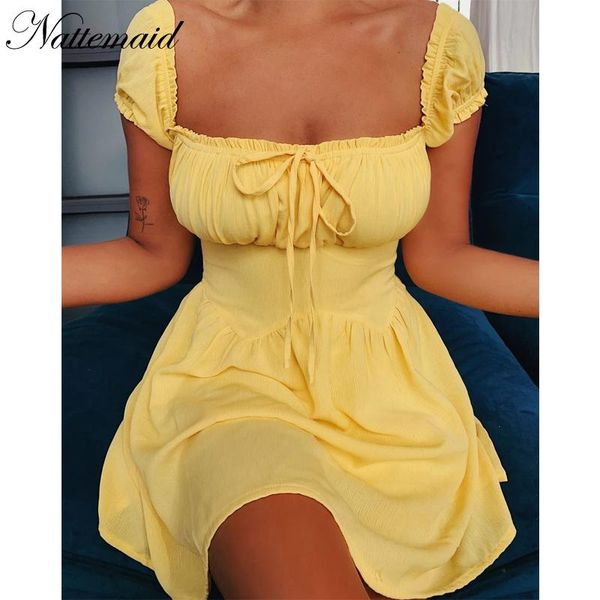 

nattemaid ruffles pleated bohemain summer dress women square collar lace up bodycon puff sleeve dress mini vestidos, Black;gray