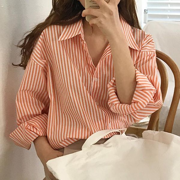 

ewq] 2020 spring new sweet turn-down collar long sleeve striped women shirt coats korea plus size ladies blouse qv075051, White