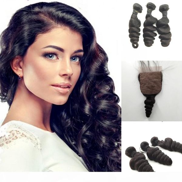 

brazilian european indian virgin hair weave loose wave 4pcs lot middle part silk base closure with bundles 8a human hair extension, Black