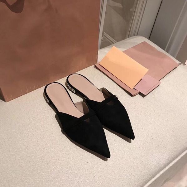 

luxury 2020 women's summer new drill slippers sheepskin material leather soles formal shoes slippers fashion versatile, Black
