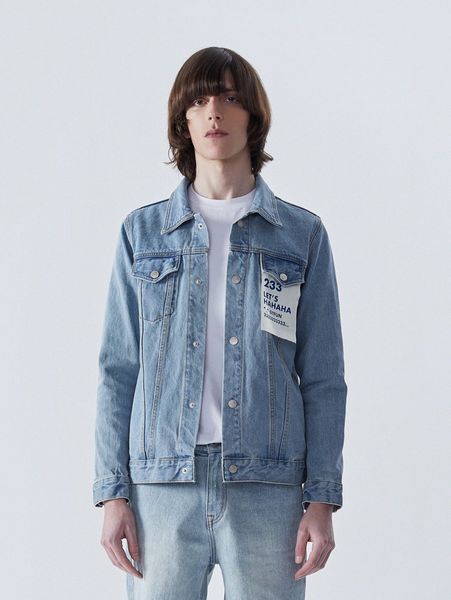 

men patched button front denim jacket x6r4#, Blue