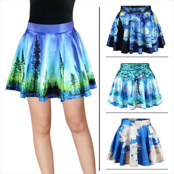 

womens flared stretch van gogh starry night 3d print pleated mini skirts skater skirt drop shipping, Black