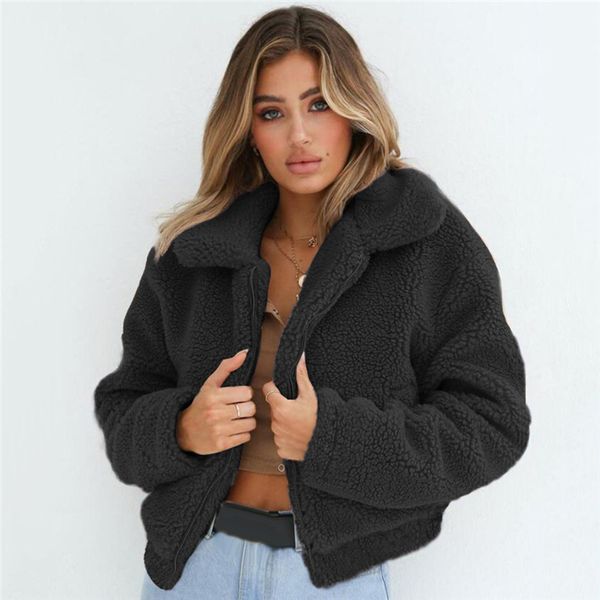 

fleece jacket women 2019 fashion long sleeve warm faux fur coat casual turn down collar zipper bomber jacket outwear plus size t200319, Black;brown