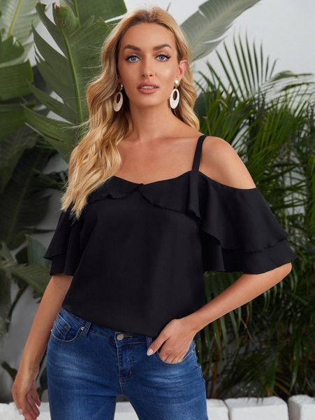 

cold shoulder ruffle detail solid f39o#, White