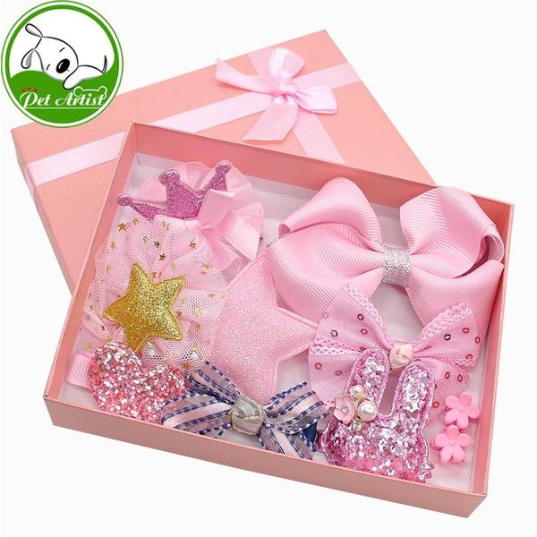 

9pcs cute baby girl pet bow clips princess crown heart rabbit star flower shape hair bows accessories dog cat headwear y bbythr