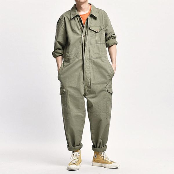 

men's pants japanese retro safari style men high street loose overalls long sleeve pant full length pockets clothing xy5040, Black