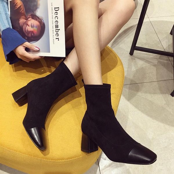 

ankle boots for women 2020 autumn winter motorcycle boots med heel flock shoes woman slip on square toe fashion, Black