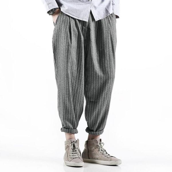 

m-xxl new men's loose washed thin section herringbone striped casual tide male harem nine points carrot pants costumes, Black