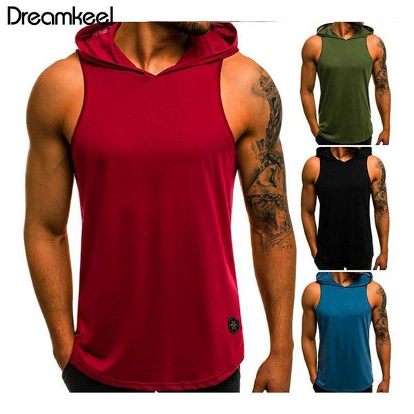 

2020 mens fitness hoodies tank sleeveless bodybuilding shirts casual male workout hooded vest undershirt sportswear y1, White;black