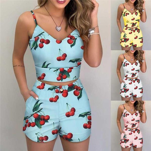 

print cherry spaghetti strap crop & short sets casual summer 2 piece outfits for women plus size s-2xl1, Gray