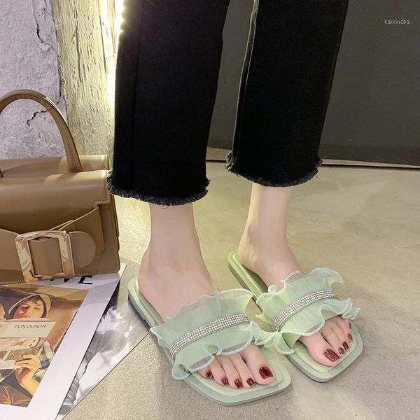 

slippers lace ruffles flat women candy colors open toe slides summer casual indoor home soft sole 20211, Black