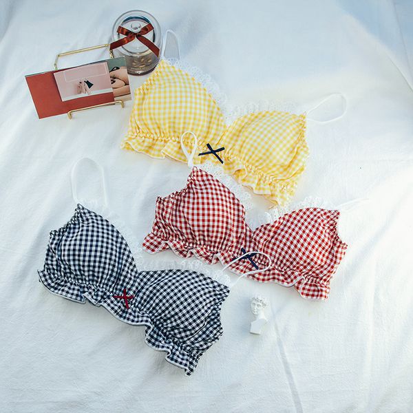 

new jacquard plaid suit underwear lace girl without steel ring bra, Red;black