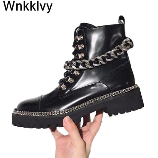 

boots metal chain motorcycle women black thick bottom round toe real leather ankle handsome fall shoes botas mujer
