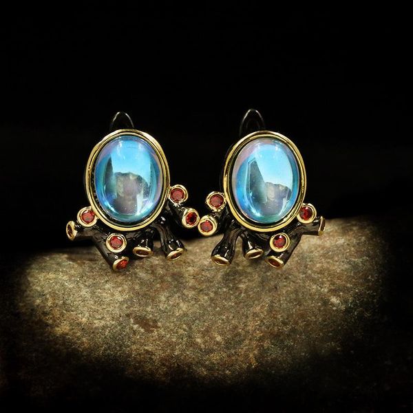 

stud vintage ladies earrings 925 silver needles blue moonstone temperament luxury black gold two-tone jewelry cristal, Golden;silver