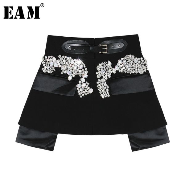 

eam] 2021 new spring autumn high waist black beading blingbling spliced personality short half-body skirt women fashion jy758 cx200703