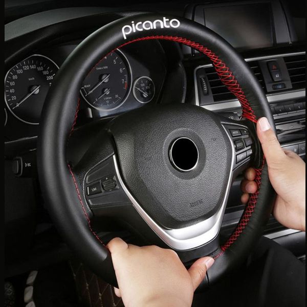 

15 inch stylish and soft 100% cowhide braid with needle and thread car steering wheel covers for kia picanto