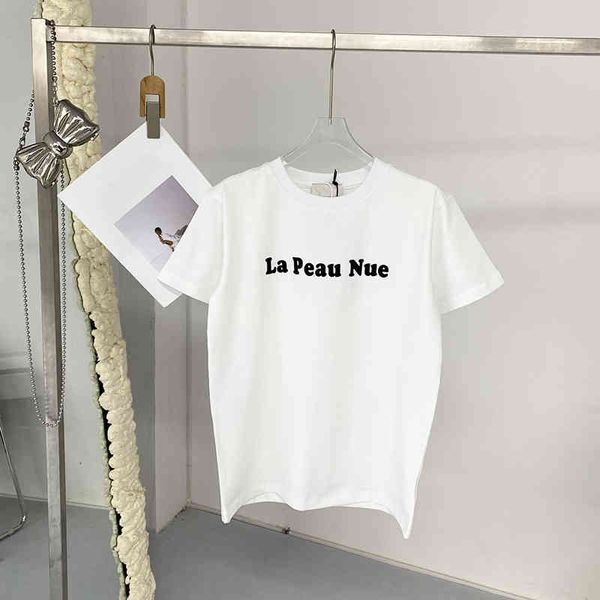 

spring and summer new arc flocking printing short sleeve t-shirt women's solid color round neck shows thin, White