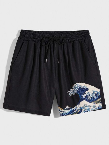 

romwe guys wave print shorts c1ob#, Black