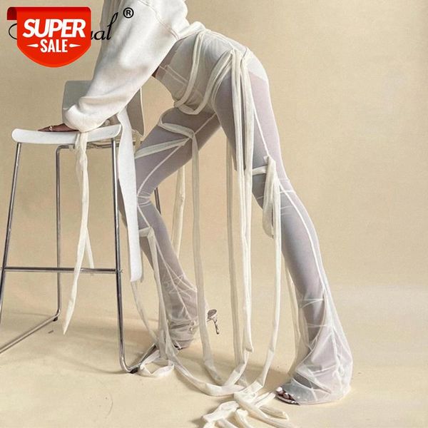 

simenual belt mesh boot cut pants women mid waist see through sheer long trousers 2020 fall fashion night club pants #zh6s, Black;white