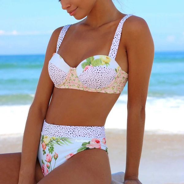 

women's multi-color solid color print high waist swimsuit split rose printed ladies beach party bikini, White;black