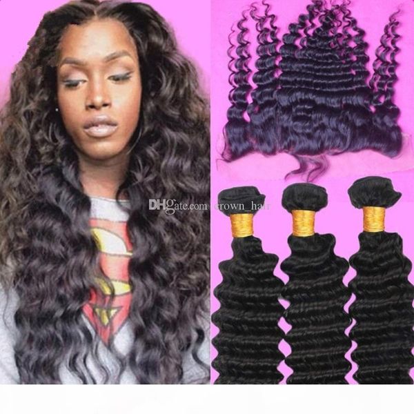 

13x4 ear to ear lace frontals with 3 pcs deep wave hair bundles middle 3 part virgin human hair lace frontal with, Black