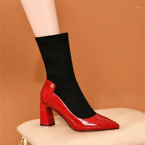 

2021 red pointed toe fashion women shoes stretch flock genuine leather ankle boots comfortable square heel short boots size 421, Black
