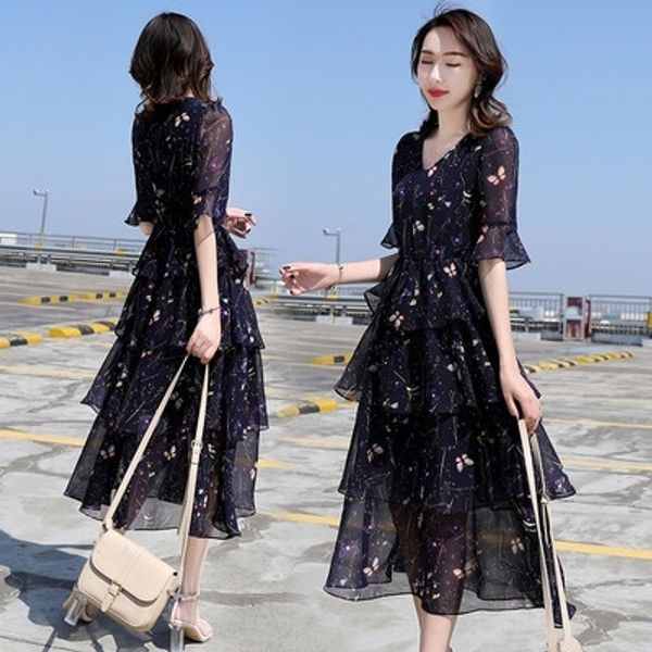 

ysrth 2020 summer new popular elegant purple large chiffon women's floral size slimming dress skirt cake cake skirtand aging skirt dres, Black;gray