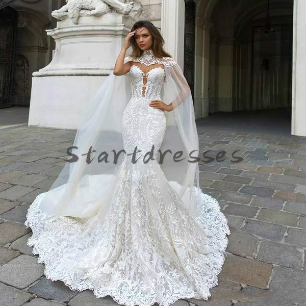 

gorgeous lace mermaid wedding dresses with caped cloak sweetheart summer beach bohemian wedding dress sweep train robe de mariee sirene 2021, White