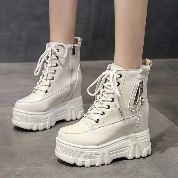 

lucyever women pu leather chunky ankle boots platform high heels boots woman white lace up high motorcycle botas ladies #za0w, Black