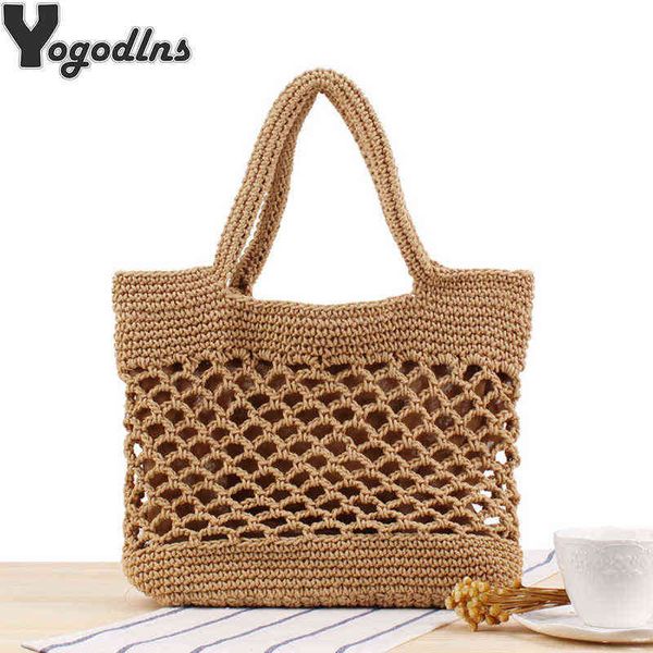 Shopping Bags Donne Natural Rattan Straw Hollow Handbag Simple Spalla per signore Casual Summer Beach Travel Shopper Tote Bag Sac A Main220307