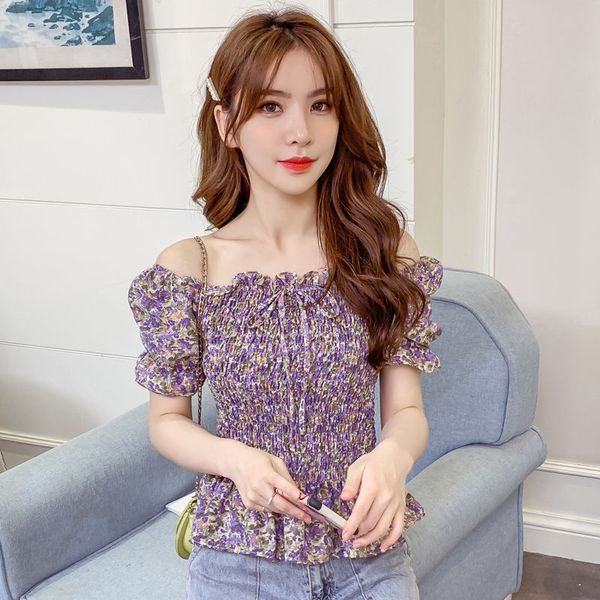 

2020 summer new korean one shoulder flower chiffon women's waistband small shirt