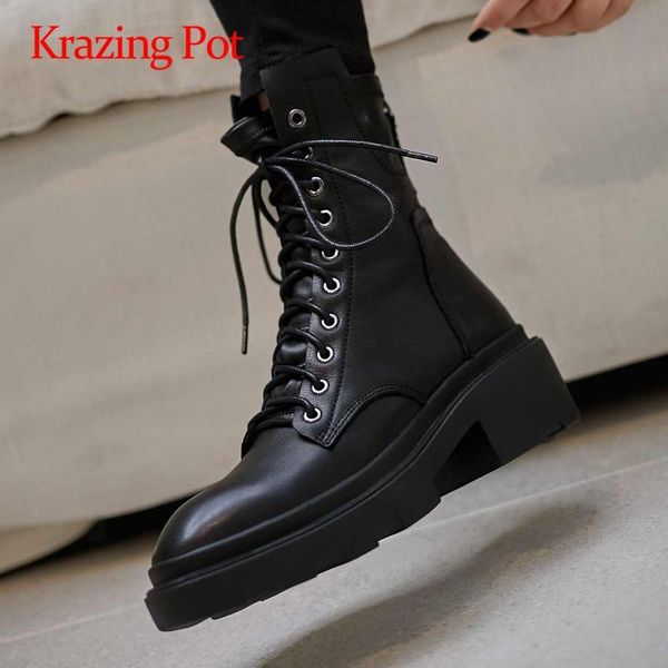 

krazing pot motorcycle boots genuine leather recommend round toe high square heels lace up handsome young lady ankle boots l5f9, Black