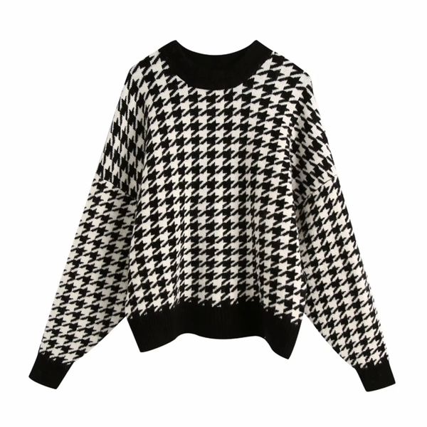 

women houndstooth knitting loose sweater casual femme o-neck long sleeve pullover high street lady sw898 201224, White;black