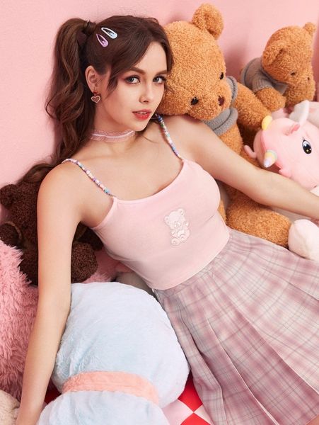 

romwe cartoon bear embroidery crop cami 78pa#, White