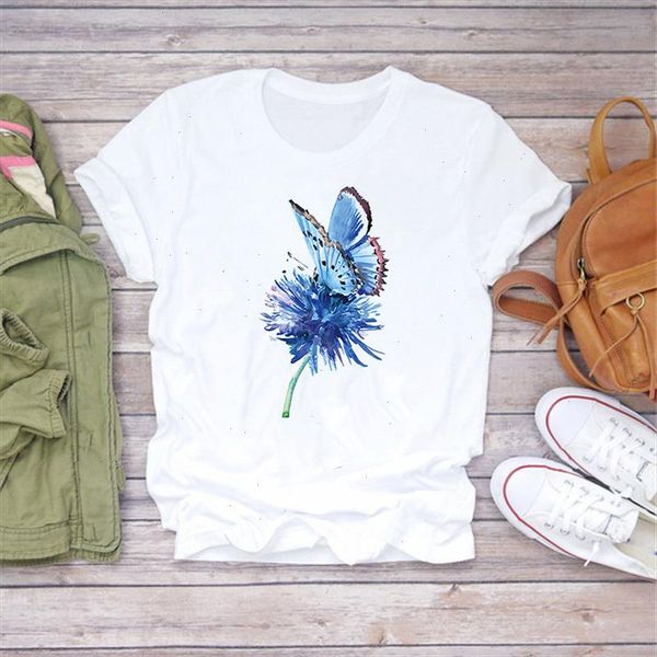 

2021 women casual harajuku fashion t shirt butterfly print loose o neck short sleeve elastic stretched summer new tee, White