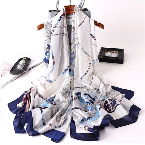 

fashion kerchief silk satin neck scarf for women print hijab scarfs female 180*90cm square shawls and wraps scarves for lady y201024, Blue;gray