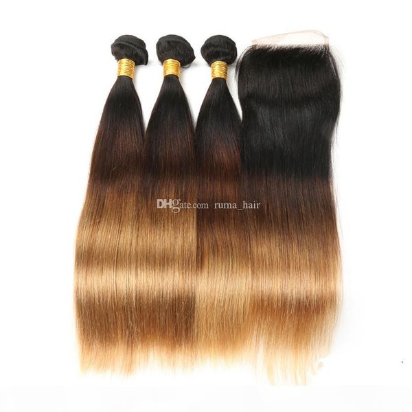 

три тона человеческого волоса связки с кружевом закрытие 1б 4 27 silk straight ombre волос с кружевом закрытие 4 * 4 отбеленные узлы, Black;brown