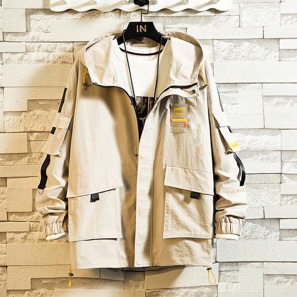 

glacialwhale mens jacket men 2021 new spring cargo jacket coat patchwork hooded windproof streetwear khaki for men style, Black;brown