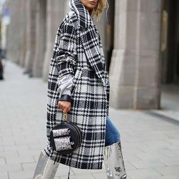 

england style women thin plaid long coat autumn oversize casual overcoat vintage ol fashion outwear female korean long coatsx1020, Black