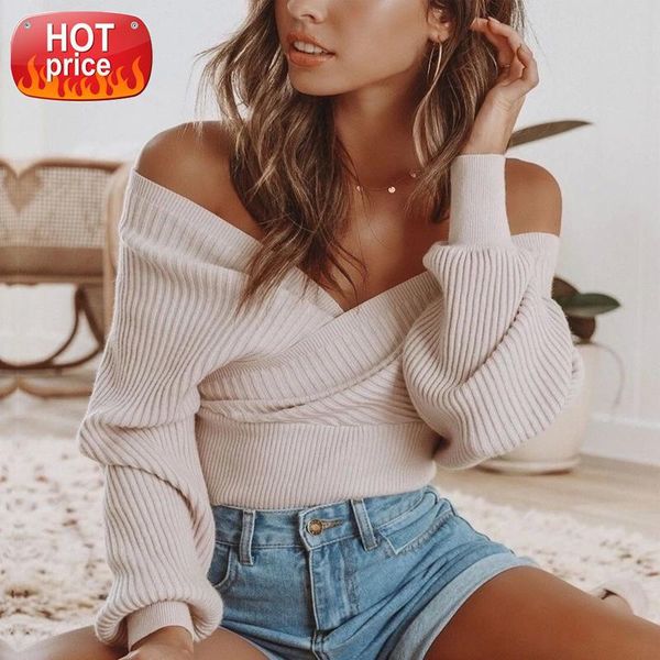 

miyouj deep v neck sweater rib knit off shoulder knitted autumn winter 2020 sweaters white women clothes cropped sweater #d041