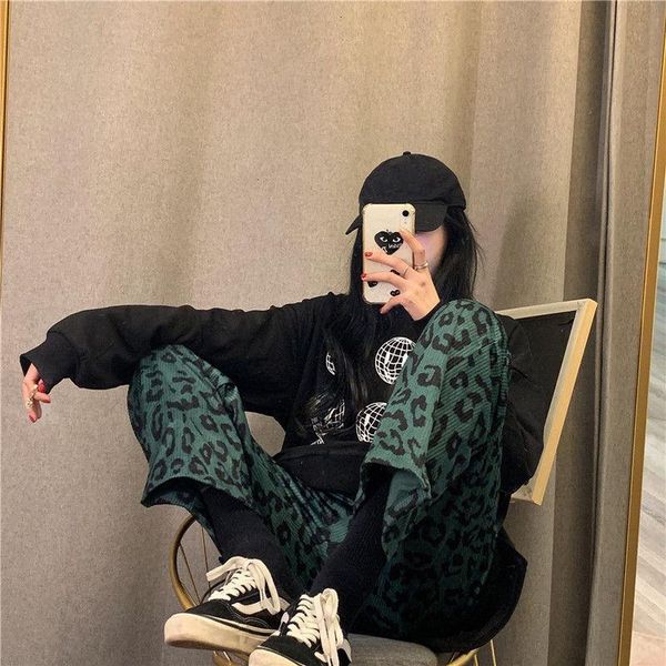 

women's pants 2020 spring loose high waist was thin vertical sense wide leg leopard pants summer female straight casual pants, Black;white