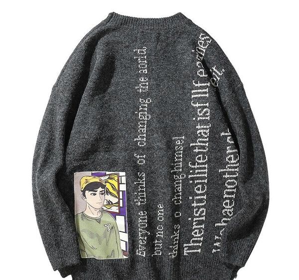 

men pullover sweater streetwear creative misspell letter hip hop knitted sweater harajuku cartoon 2020 autumn cotton, White;black