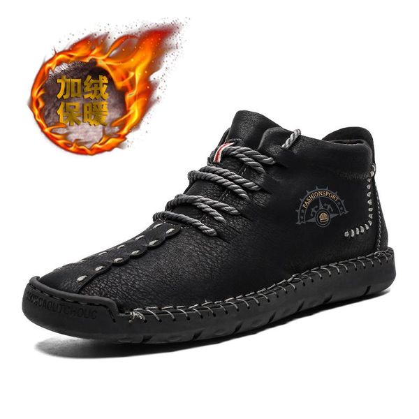 

winter men boots genuine leather fur snow boots lace up waterproof footwear male casual men shoes fashion new big size, Black