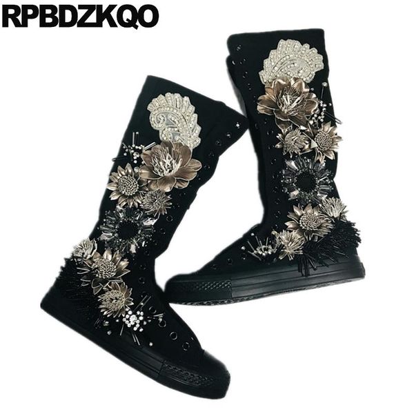 

tall designer shoes women luxury 2020 embellished black canvas rhinestone boots mid calf diamond flower sneakers casual long new