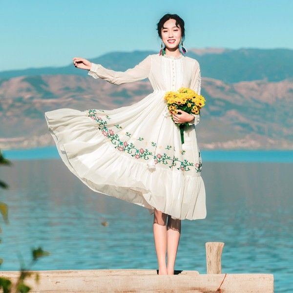 

2020 национальный стиль вышитые весенний праздник юбка lacewomen платье кружева кружева шить длинные юбки платье праздник uajia, Black;gray