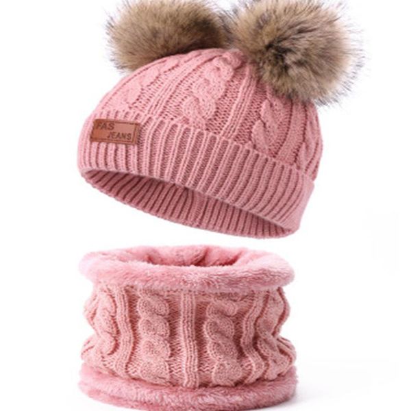 

two pieces hat scarf set beanie cap children's hats girls caps fake ball pompon keep warm winter knitted skullies kids bone, Yellow