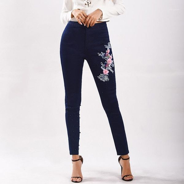 

embroidered flower skinny jeans plus size women high waist stretch denim trousers women fashion designer 2020 winter promotion1, Blue