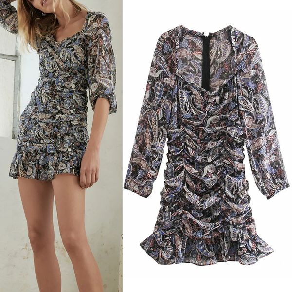 

2021 new vintage paisley print draped mini women v-neck long sleeve chiffon ruched ruffle dress fashion elegant dresses 2s8p, Black;gray